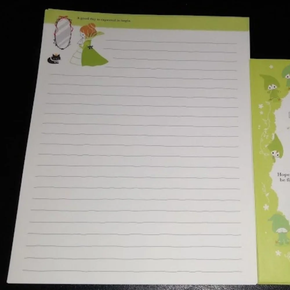 15pc LOT: FAIRY TALE WORLD SNOW WHITE WRITING PAPER/MATCHING ENVELOPES (GREEN)